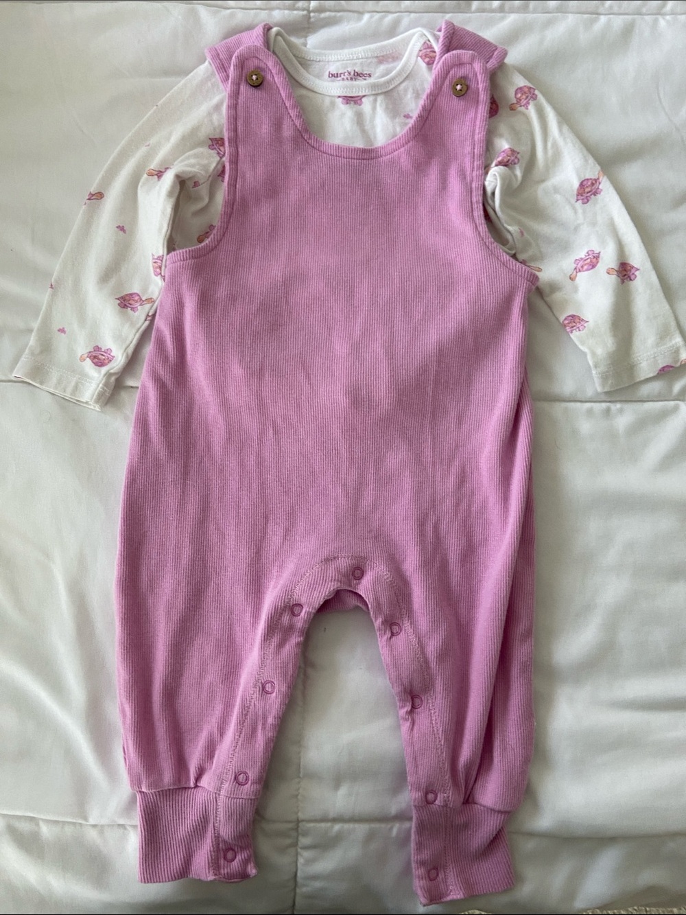 Burts Bees Baby- girls turtle onesie and pink overalls